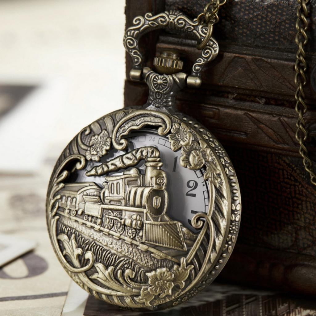 Ceas de buzunar cu colier subțire, sculptat rafinat, locomotivă goală, clasic, retro, nostalgic, cuarț, mare, ceas de buzunar
