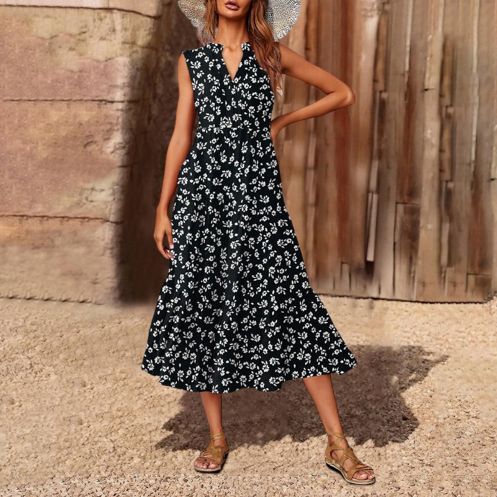 

Women s Casual And Fashionable V-neck Sleeveless Printing Mid Length Dress L чорний