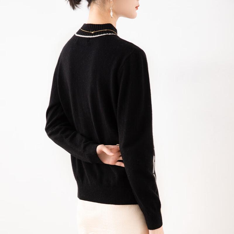 TUHUANG Women's Color Block Jacquard Mock Neck Cashmere Blend Sweater