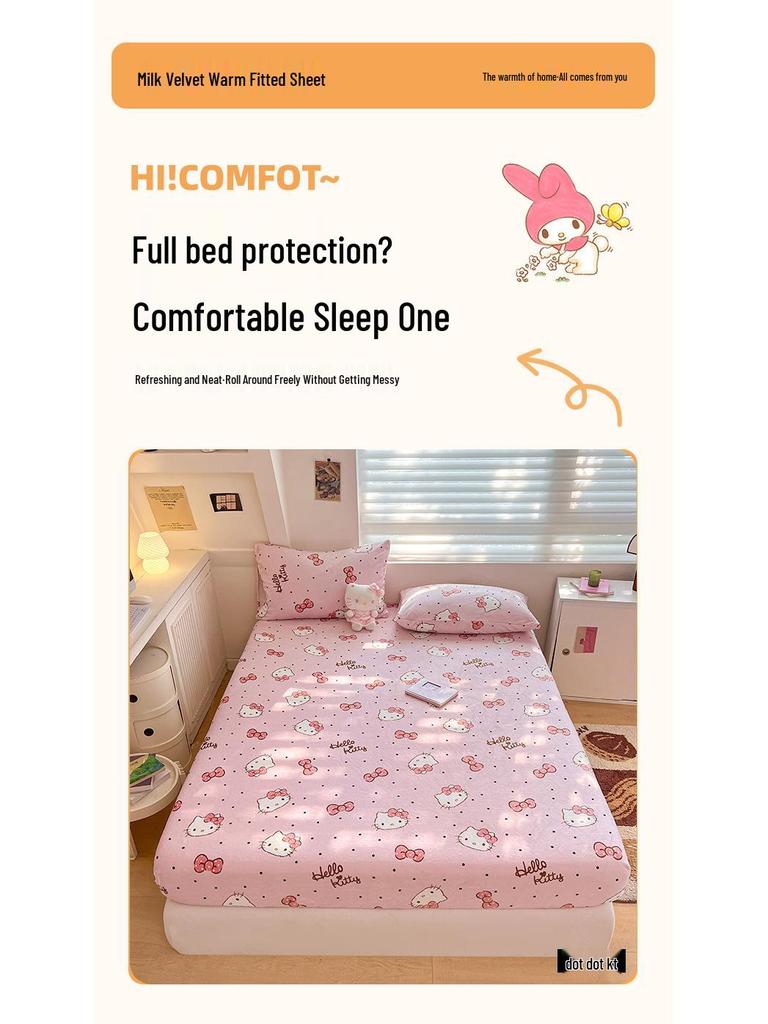 Sanrio Thick Warm Milk Velvet Fitted Sheet - Cute KT Cat, Kuromi & My Melody Design