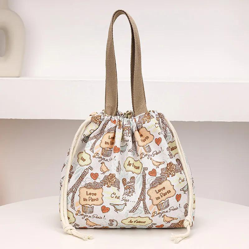 WTEMPO Fashion Printed Lightweight Handbags Women's Embroidered Drawstring Bento Bags Commuting Travel Lunch Box, Storage, Hand-held Cloth Bags