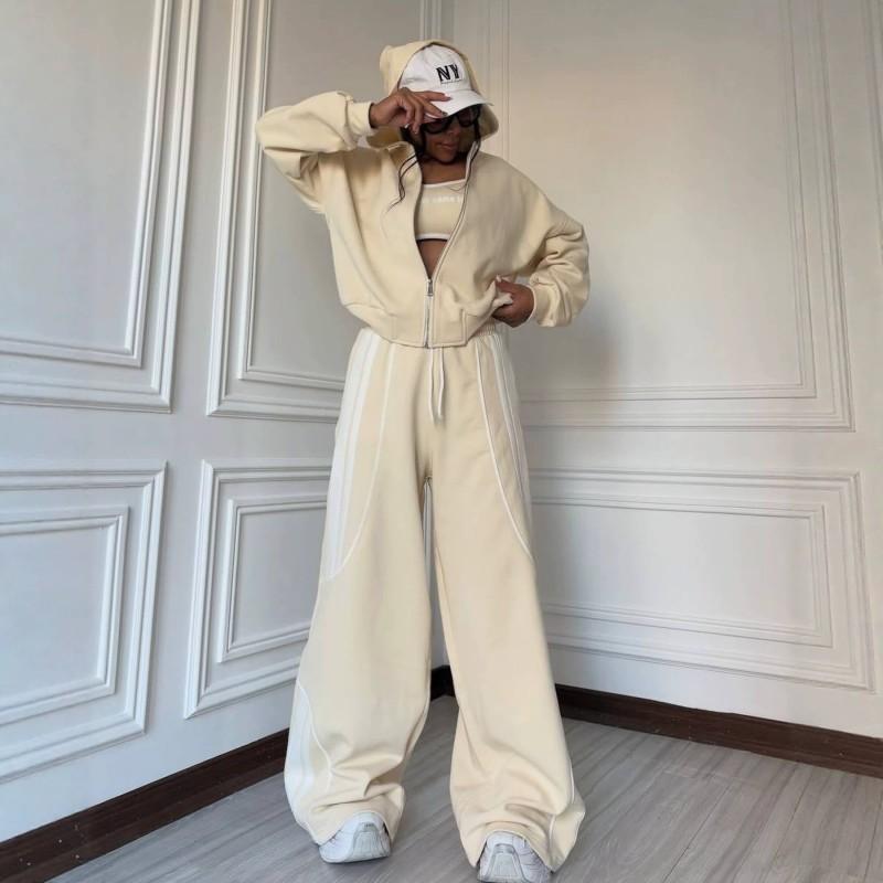 Womens Streetwear Hooded Two-Piece Set With Stripe Panel Detail Long Sleeve Open-Front Top Drawstring Pants