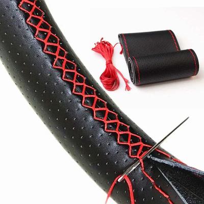 Universal Leather Car Steering Wheel Stitch On Wrap Cover Fit for 38cm 14" DIY Sewing Breathable and Anti Slip Black Grey Beige