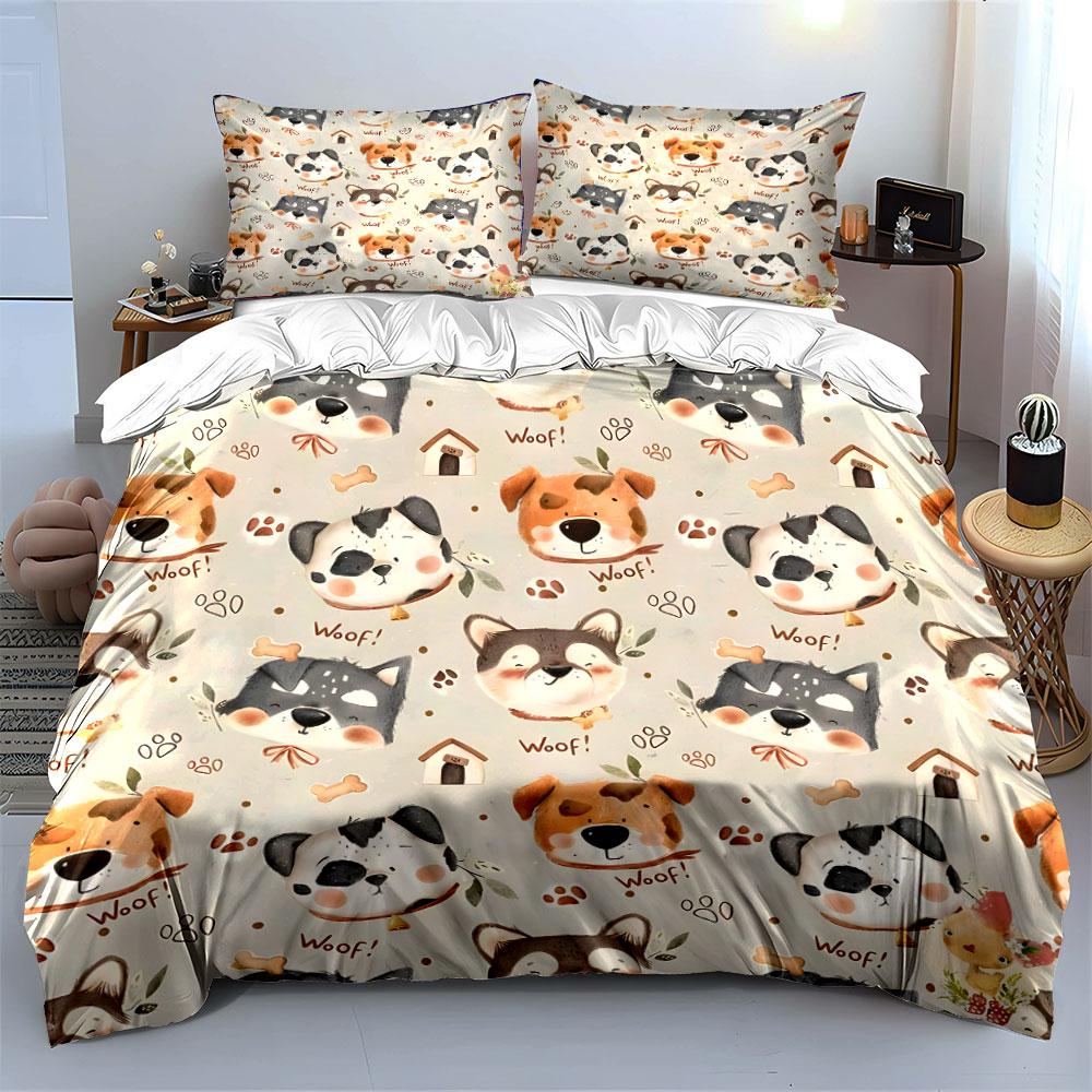 Cartoon Dogs and Paw Prints Print Bedding Set 1 Duvet Cover 2 Pillowcases for Adult and Children Luxury Gift Full Size