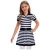 Girls Prisoner Costume Striped Dress Turn Down Collar V Neck Short Sleeve Built In Briefs Crotch Button Ruffled Skirt