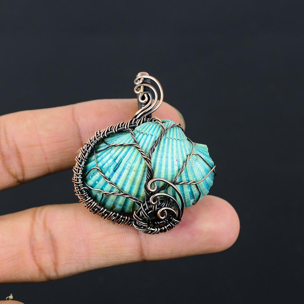 Natural Aqua Titanium Shell Stone Handmade Copper Wire Wrap Pendant 1.77" E7s81