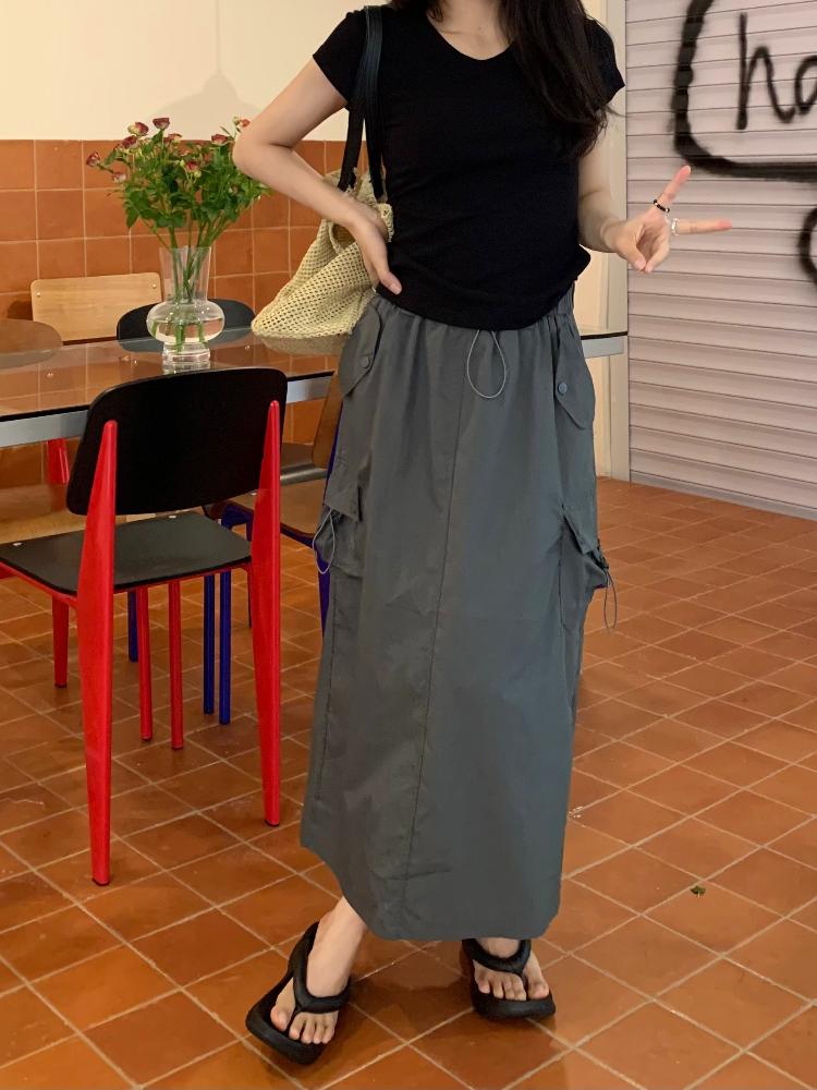 Chic Drawstring Pocket Design Cargo Skirt Women Summer Retro High Waist Gyaru Split Long Skirts Harajuku Fashion Streetwear New