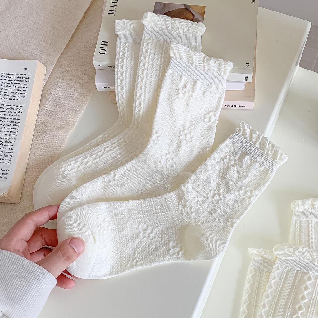 Women's White Ruffle Mid-Calf Ballet Socks - Autumn Lace, Breathable, Scrunched JK Style