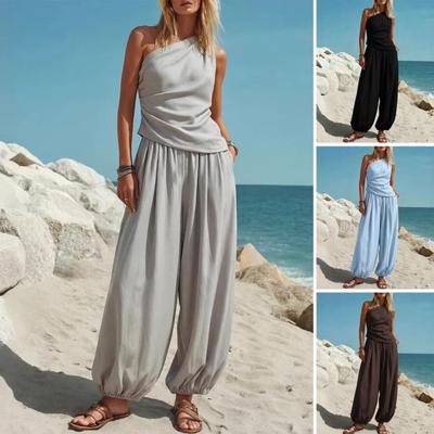 Set de Vară Două Piese pentru Femei: Maiou cu Bretea Unică, fără Mâneci, Pantaloni, Culoare Uni, Respirabil, Larg, Casual