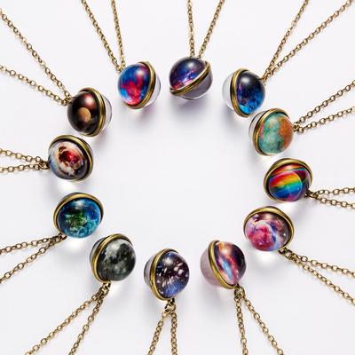 Vintage Colorful Galaxy Universe Round Pendant Necklace Glow In the Dark Glass Ball Chain Choker Jewelry Gift