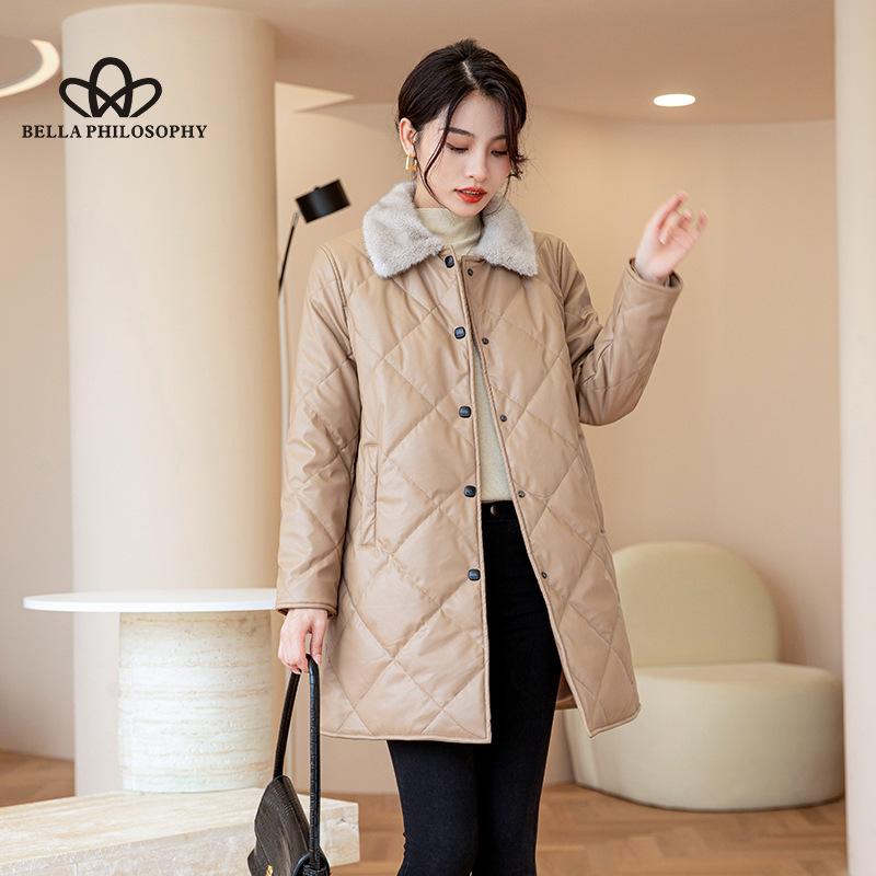 Podzim Zima Středně dlouhý dámský bavlněný kožený kabát Umělá norková klopa zesílený dámský kabát velkých velikostí