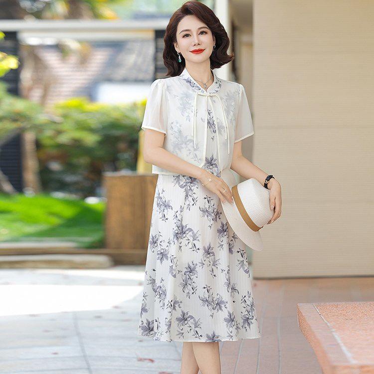 Elegant Loose-Fit Chiffon Dress with Wide-Leg Skirt for Middle-Aged and Elderly Women