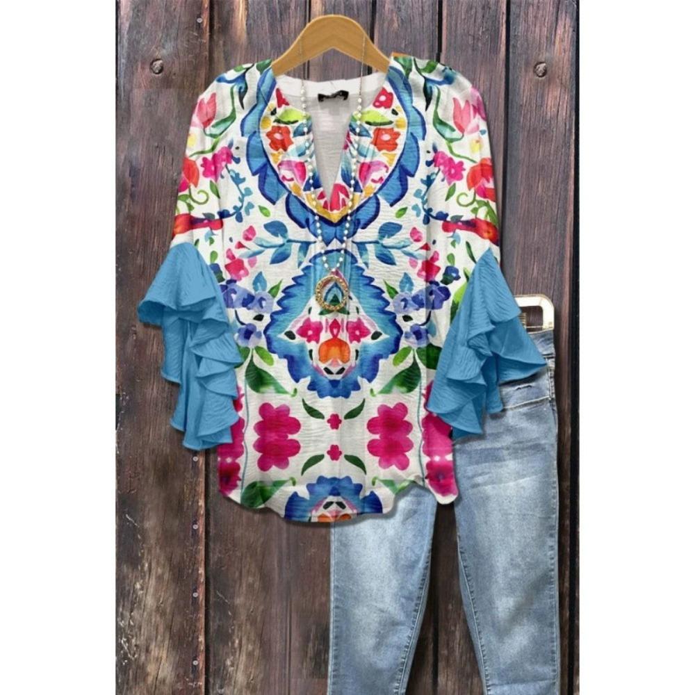 Large Women's Bohemian V-neck Shirt with Ruffle Sleeves, Grey Brown Floral Print Top, Casual Breathable Machine Washable Pullover