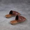 Johnature Retro Outerwear Slippers Genuine Leather Soft Soled Peep Toed Flat Women's Slides