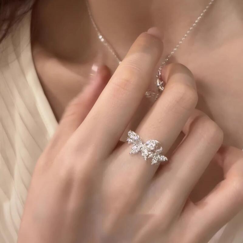 Light Luxury Niche Rhinestone Butterfly Rings for Women Girls Gentle Temperament Silver Color Open Rings Birthday Jewelry Gifts