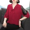 Women Spring Summer  Half Lace Sleeve Style Blouses Tops Casual Bow Tie Collar Loose Blusas Tops