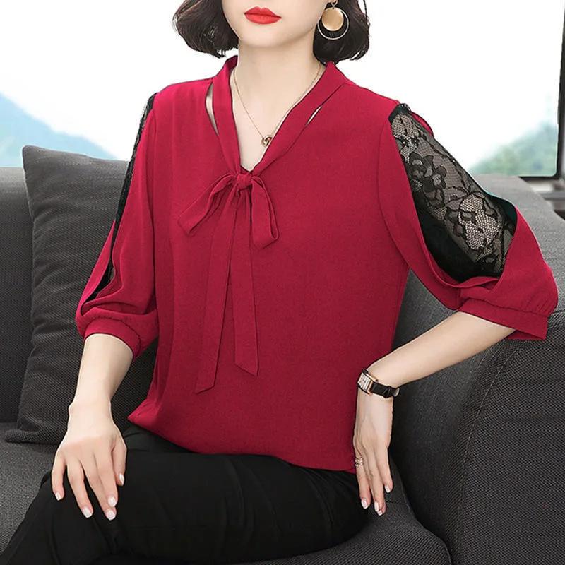 Women Spring Summer  Half Lace Sleeve Style Blouses Tops Casual Bow Tie Collar Loose Blusas Tops