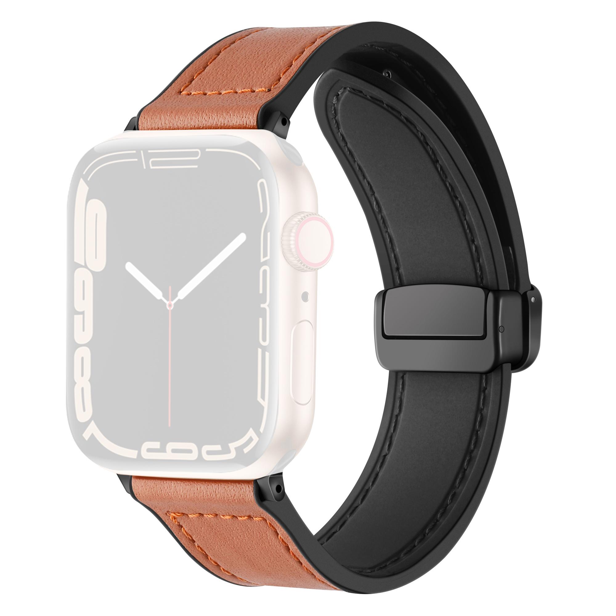 

Magnetic Strap for Apple Watch Series 10 42mm/9 8 7 41mm/SE (2023) SE (2022) SE 6 5 4 40mm/3 2 1 38mm Leather Coated Silicone Watchband Brown