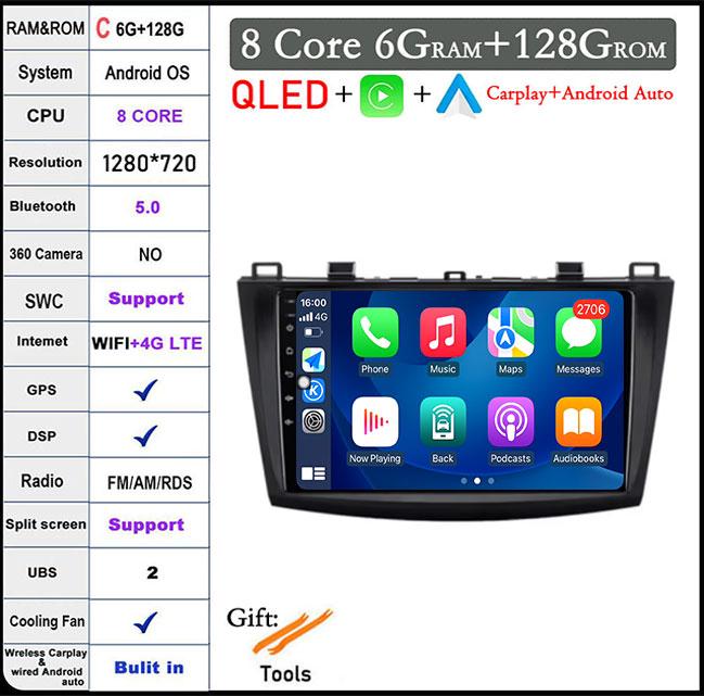For Mazda 3 Bk Maxx Axel 2010-2013 Android 14 Car Carplay Android Auto Video Radio GPS Navigation Multimedia Player 4G LTE