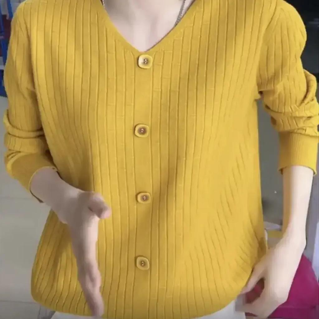 Hollow Out V Collar Long Sleeved Knitted Sweater Autumn Loose Striped Base Shirt for Women