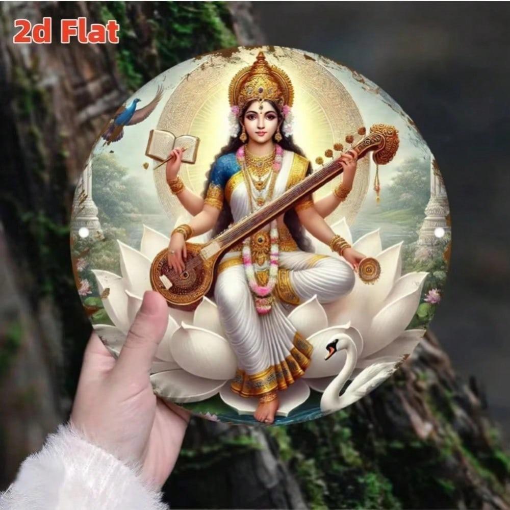 Diosa Saraswati Arte de Pared de Metal Decoración de Flor de Loto y Pluma de Pavo Real Interior Exterior