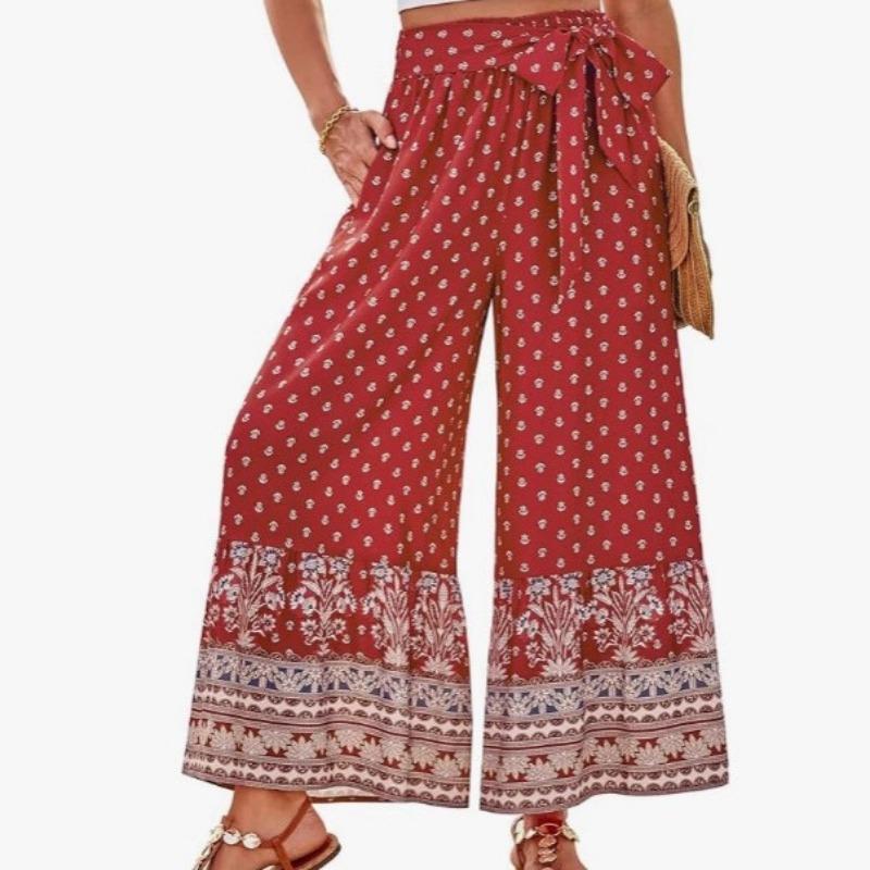 Womens Bohemian Print Wide Leg Pants High Waist Bow Tie Casual Palazzo Trousers S
