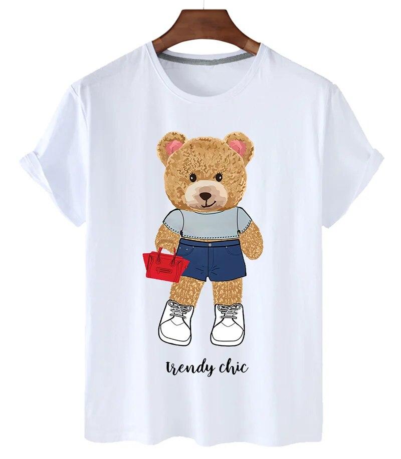 T-shirt Divertente con Stampa Orso Donna Moda Cartone Animato Harajuku Casual T-shirt Femminile Estiva Manica Corta Top T-shirt Unisex Maglietta Unisex