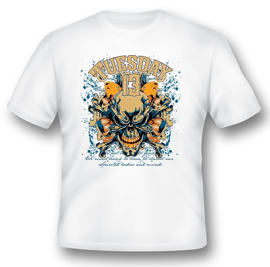 Tuesday 13 skull crossbones fish black or white tee S разноцветный