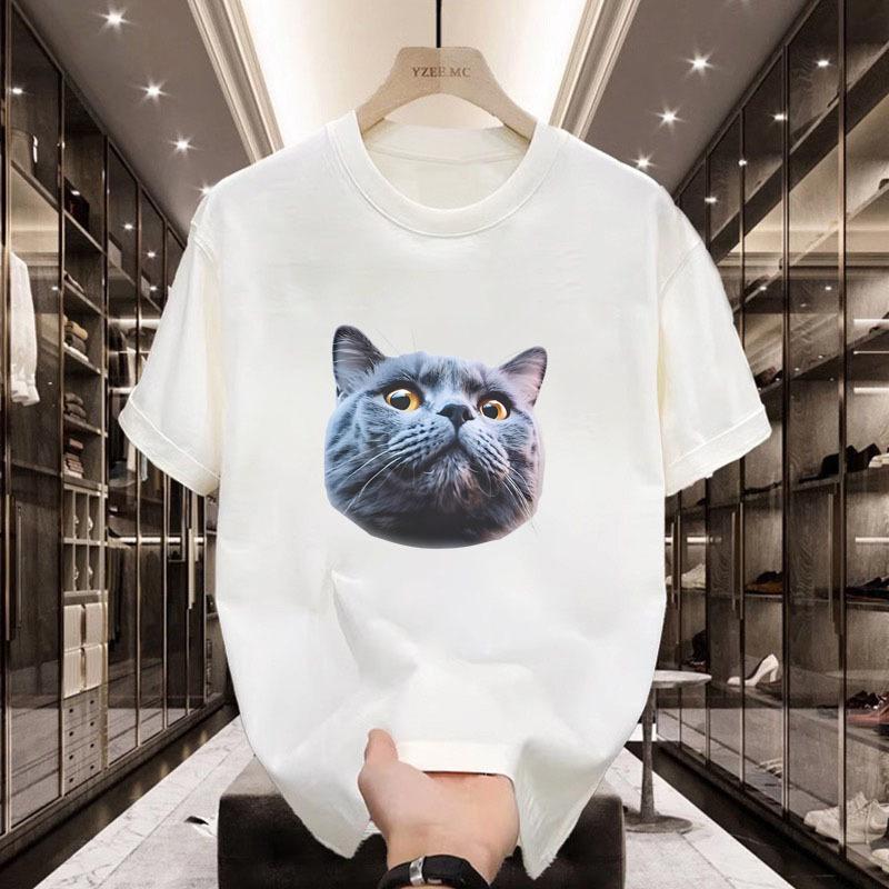 Letni Trend Retro T-shirt z Nadrukiem Kreskówkowego Kotka, Męski i Damski Luźny Krój dla Zakochanych Casualowy Krótki Rękaw