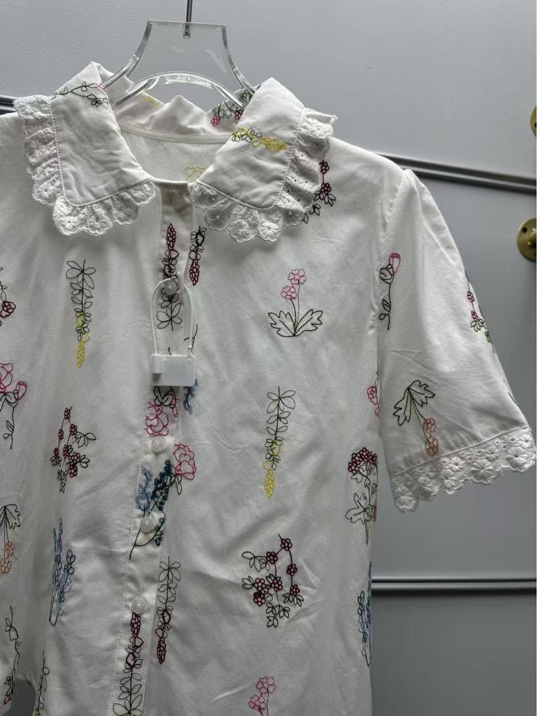 French Floral Embroidered Lace-Trim Lapel Short-Sleeve Loose Shirt for Women
