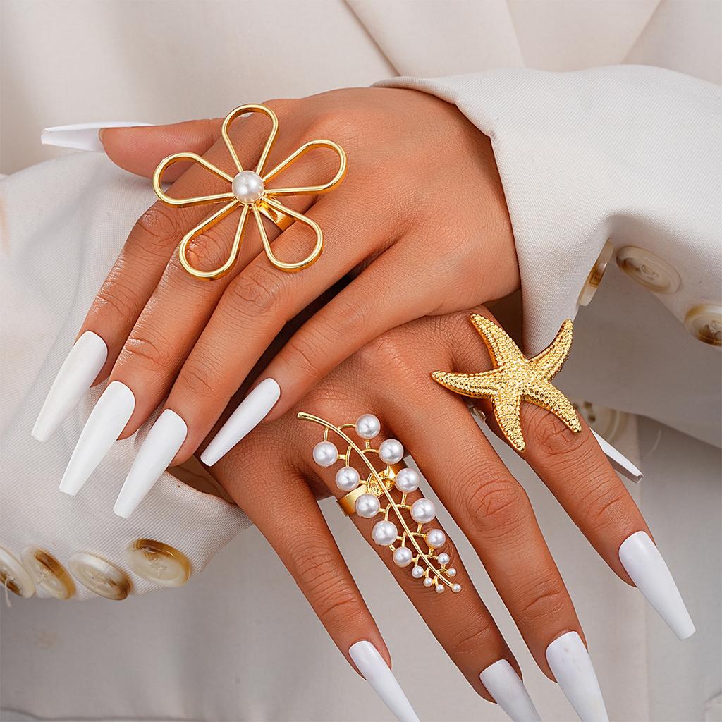 S Metal Pearl Flower Leaves Open Rings For Women Exaggerated Gold Color Starfish Punk Finger Rings Beach Style Jewelry Gifts