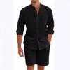 Men's 2 Pcs Sets Daily Casual Cotton Linen Outfits Vintage Stand Collar Button-up Shirts and Shorts Sets for Men Clothing Summer