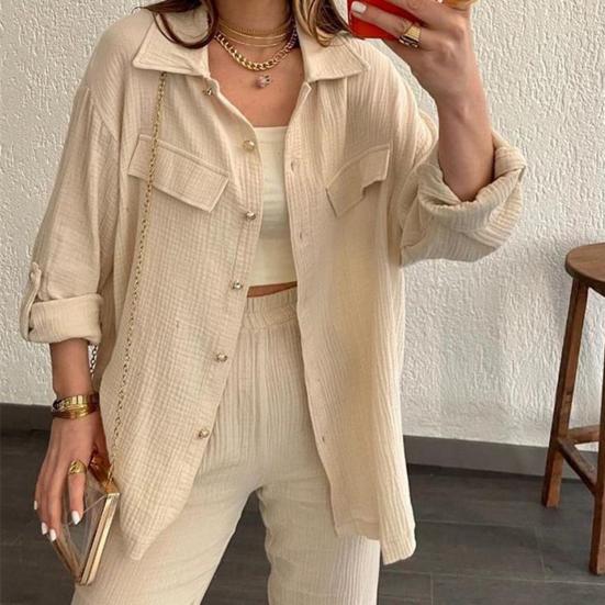 Summer 2 Piece Outfit for Women Oversized Button Down Long Sleeve Shirt And Cropped Pants Set Casual Loungewear Tracksuit