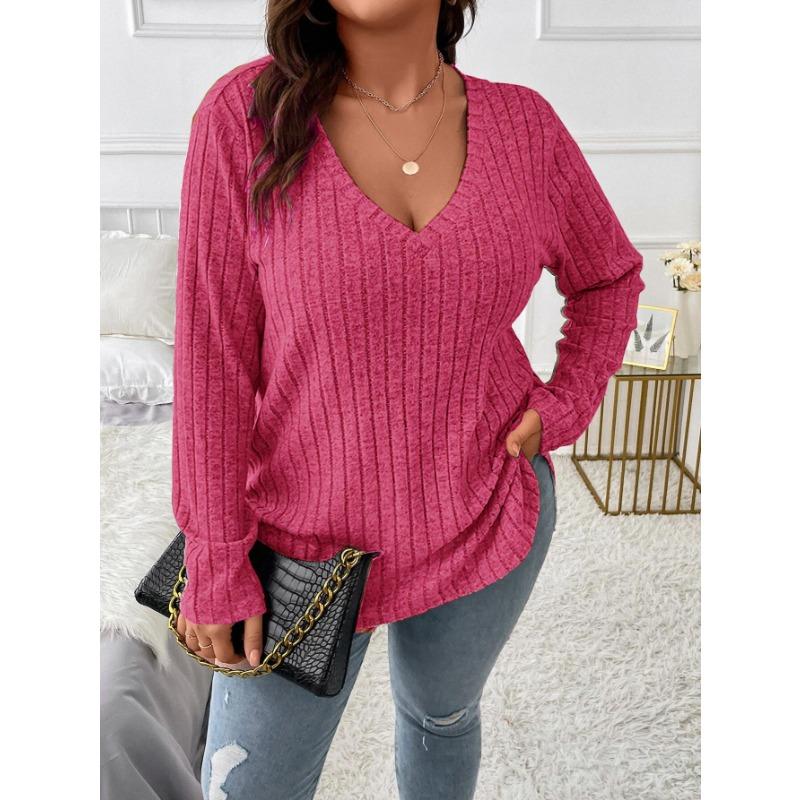 Podzimní a zimní jednobarevný top s výstřihem do V a dlouhým rukávem s žebrováním, česaný, volný pulovr plus size dámská trička