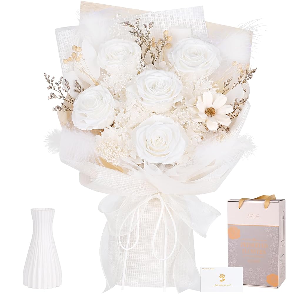 Preserved Flower Bouquet: 5 White Roses with Vase. A popular gift for women, perfect for birthdays,