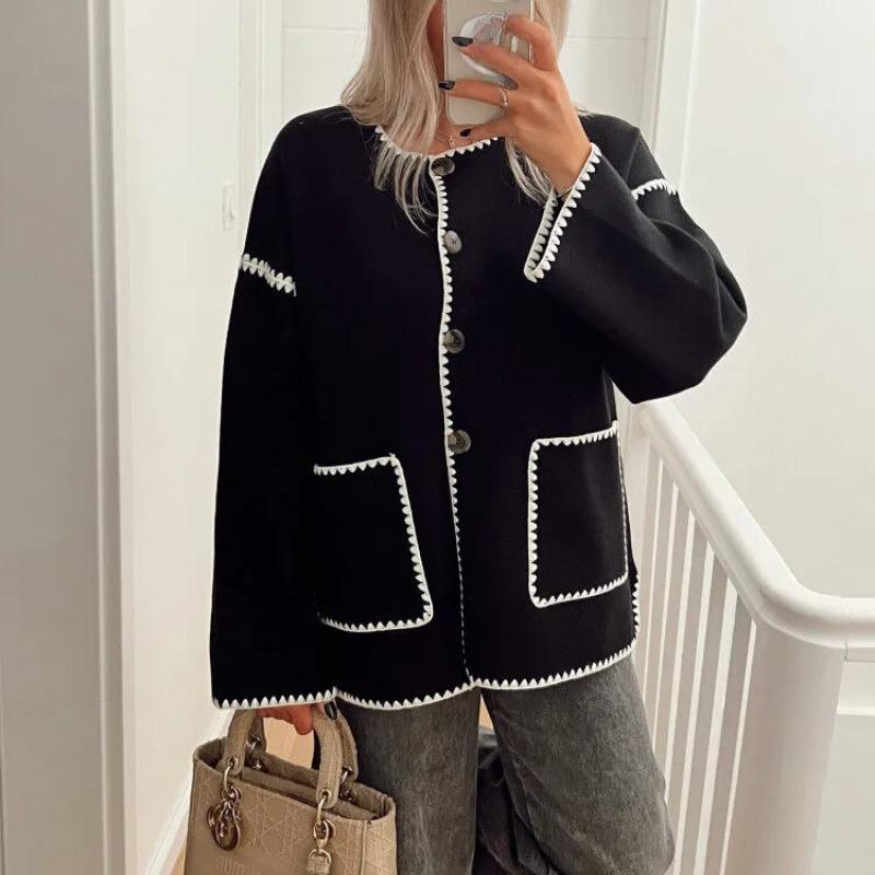 Women Patchwork Pocket Long Sleeve Knit Coat Lady Fashion Single Breasted Cardigan Coats Autumn Winter Female Warm Street Jacket