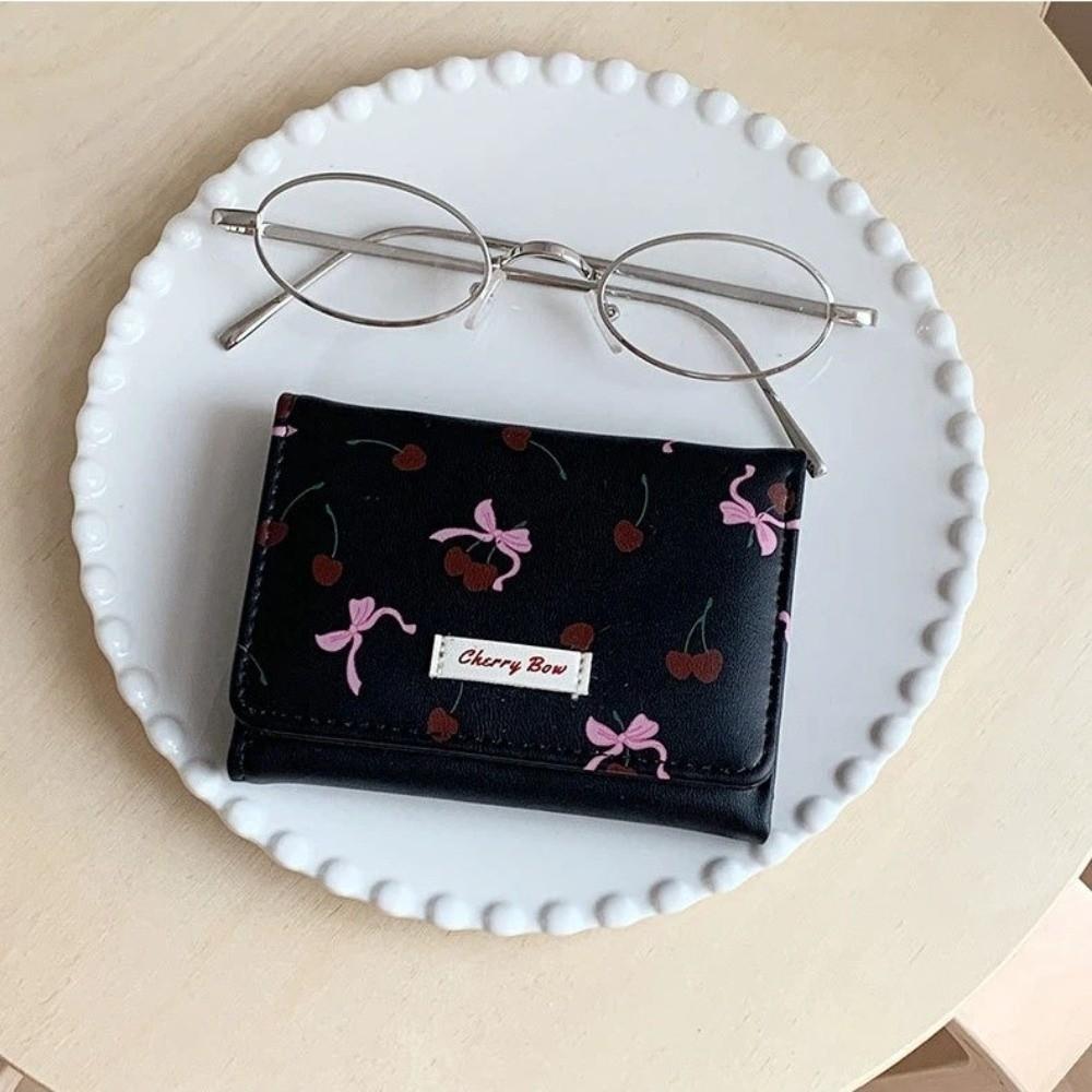 New Cherry Bow Printing Bow Printing Coin Purse Multi-Slot Tri-fold Short Wallet PU Leather Coin Pouch Women