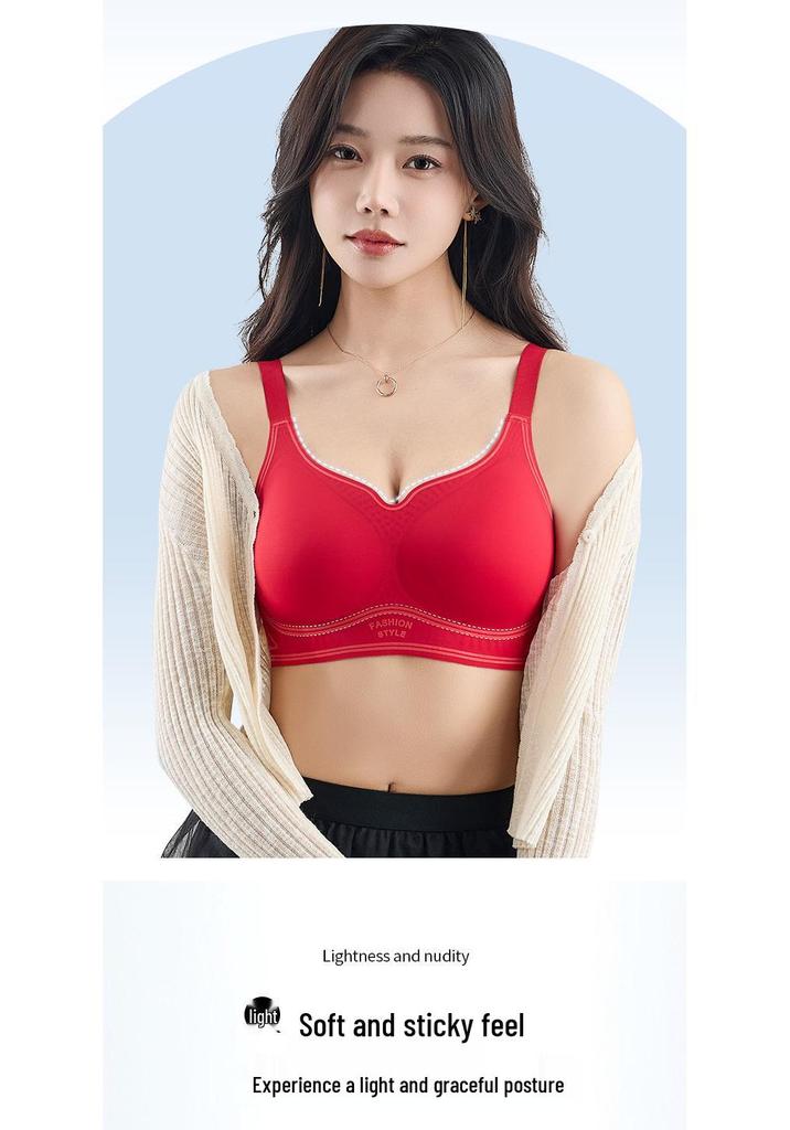 Red Seamless Push-Up Underwear for Women with Large Breasts - Comfortable Jelly Fixed Cup, Year of the Dog 2026 Edition