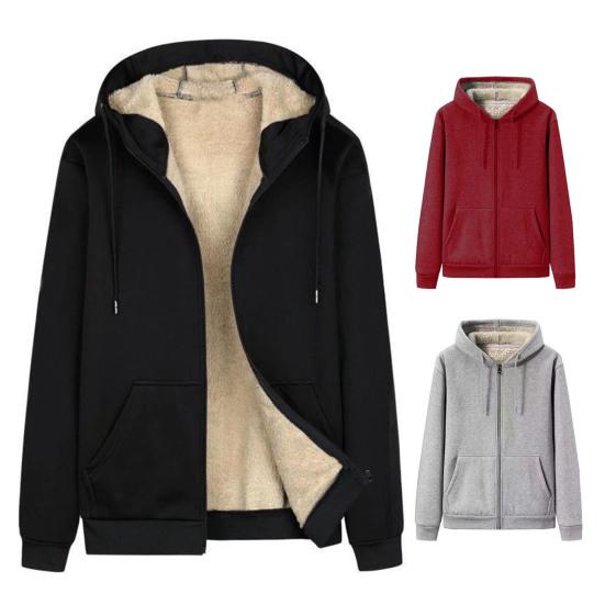 Men Hoodie Coat Solid Color Hooded Thicken Plush Winter Jacket for Daily Wear