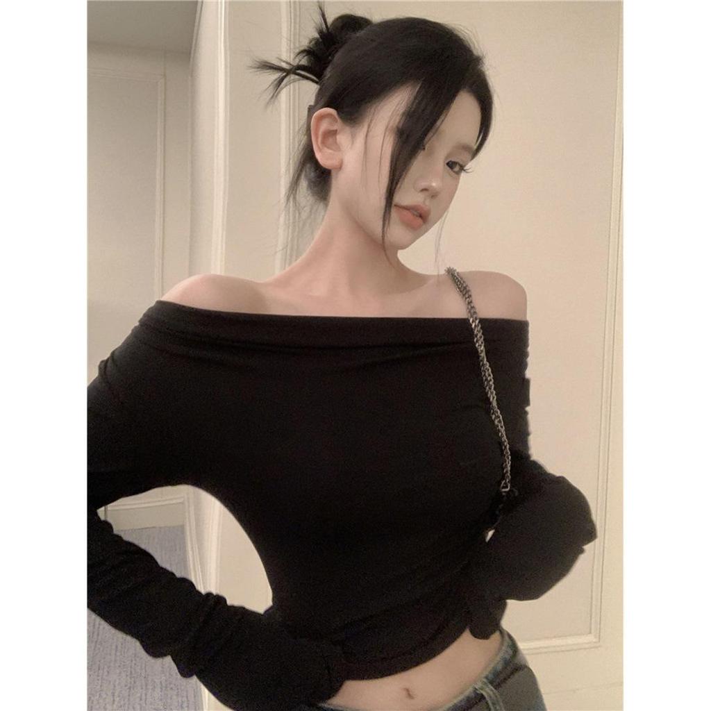 Women's Gray One-Shoulder Long-Sleeve T-Shirt: Slim-Fit, Flattering, Sexy, Short, High-End Feel for Autumn/Winter.