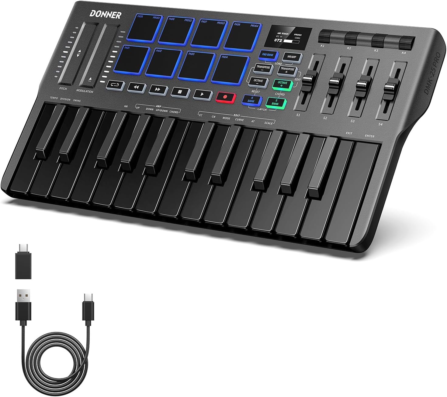 Donner USB MIDI Keyboard Controller, 25 Keys, Velocity Sensitive, Touch-Sensitive Slider, OLED Screen, Backlit Pads, Music Production, Mac/PC Compatib