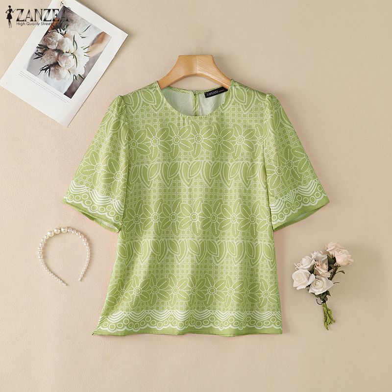 ZANZEA Bluză casual de vară pentru femei, cu imprimeu floral, gât rotund, mâneci scurte
