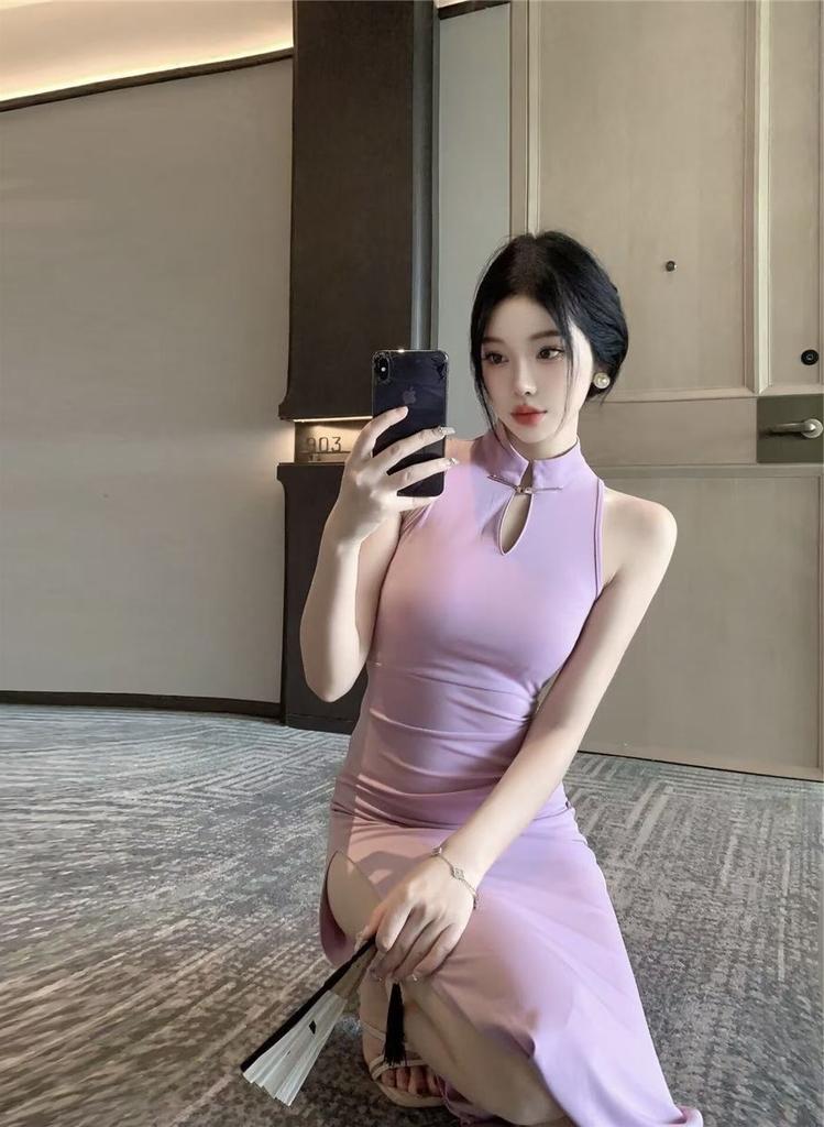 New Chinese Gentle Sexy Wind Off the Shoulder Modified Dress High Waist Internet Celebrity Temperament Show Figure Split Skirt