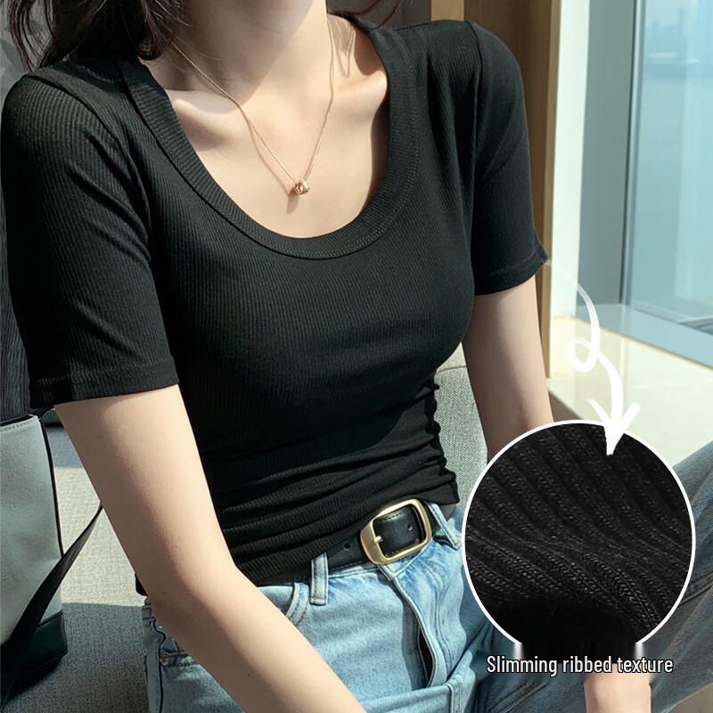 Xueqiman Damen figurbetontes geripptes Rundhals-Kurzarm-T-Shirt