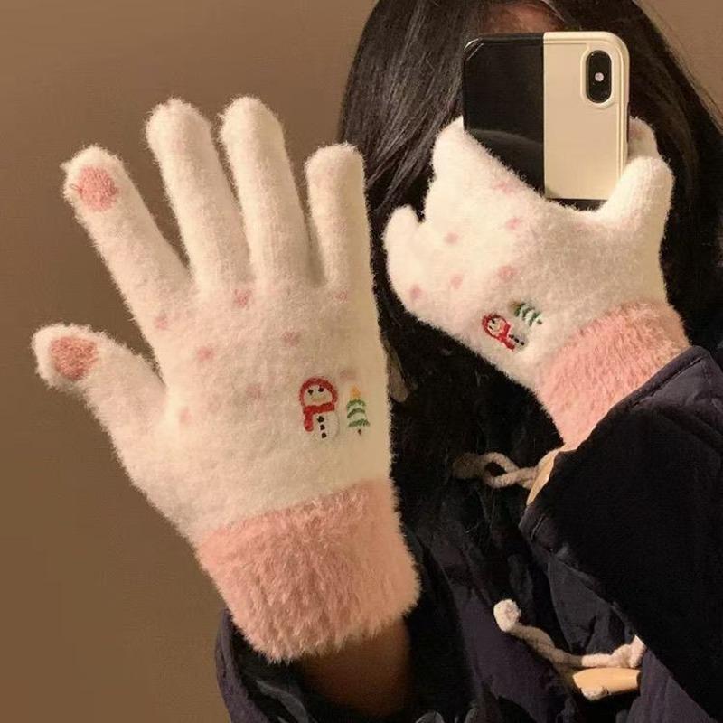Winter Warm Gloves Plush Cartoon Cute Christmas Snowman Five-Fingered Gloves Can Student Girls