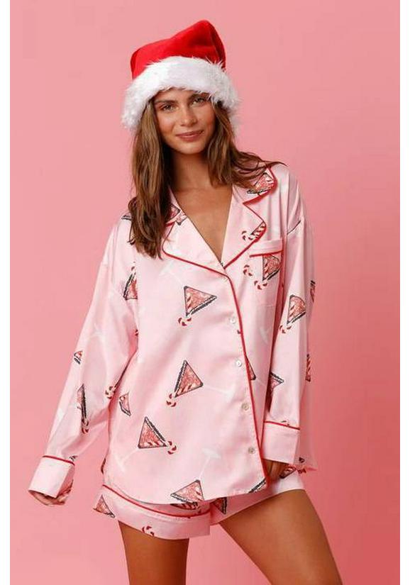 2023 Santa Claus Satin Print Two-Piece Homewear Pajama Set