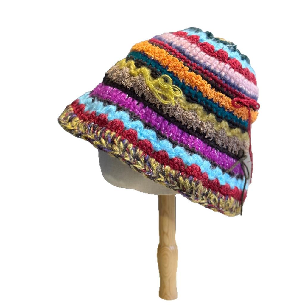 New Colorful Striped Bow Warm Fisherman Hat for Women In Autumn and Winter Thickened Wool Ear Protection Knitted Hat Basin Hat