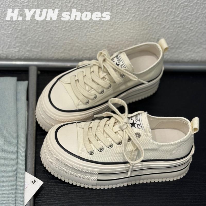 Thick-soled Heightening Canvas Shoes Women's Spring New Muffin Bottom Breathable Low-top Casual Shoes Versatile Board Shoes
