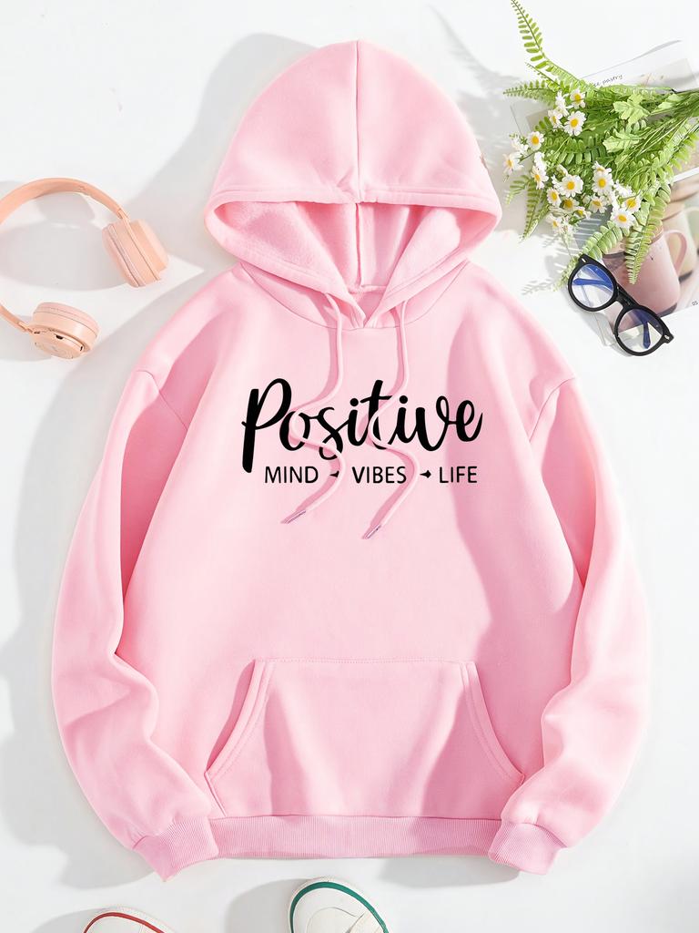 Positive Mind Vibes Life Art Letter Printed Women Hoodies Fleece Harajuku Hoody Casual Loose Y2K Clothes Pocket Autumn Pullover