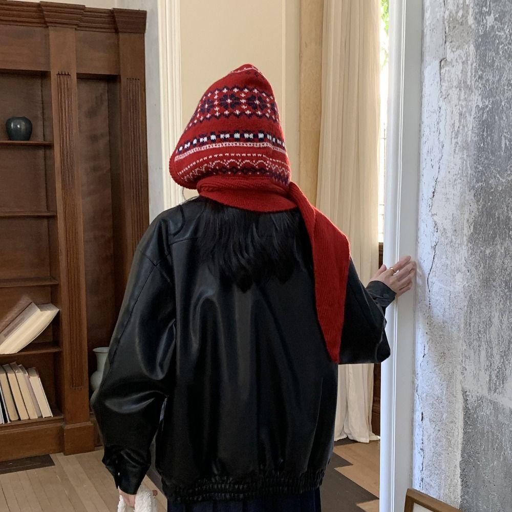 Fair Isle Style Ear Protection Hat Scarf Cap Winter Cap Warm Hooded Hat  Outdoor